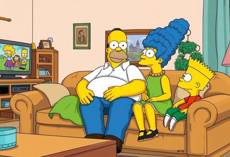 Create a realistic photo of a family sitting together in a cozy living room. The scene should feature a middle-aged man with a round body, dressed in a white shirt and blue pants, resembling Homer Simpson in appearance. Next to him on the sofa is a woman with blue hair styled in a beehive and wearing a green dress, reminiscent of Marge Simpson. Also on the sofa is a young boy with spiky hair and a red t-shirt, similar to Bart Simpson. The background should include a TV screen showing a cartoon, and the room should have a warm, inviting atmosphere with typical living room furniture and decorations