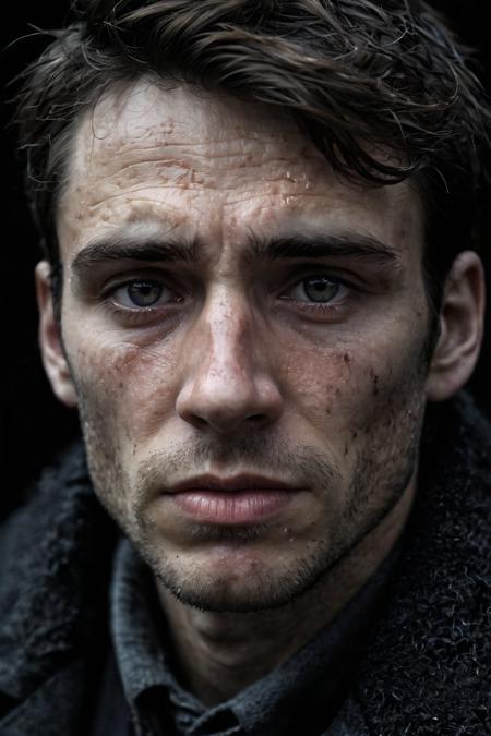 Create a RAW professional photograph, rendered in 8K using Octane, depicting a hauntingly beautiful and tormented young man. He is portrayed wearing a frayed, dark coat that echoes his turbulent past. The image captures his journey through profound suffering, with emerging signs of resilience as his adversities begin to diminish. His expression masterfully blends hope and despair, tinged with a subtle hint of lunacy, reflecting the deep emotional scars of his experiences. His face, both rugged and striking, tells a story of endurance and fortitude. The photograph is hyper-detailed, emphasizing the textures of his coat and the complex emotions visible in his expression, set against a backdrop that transitions from dark, oppressive shadows to a faint, hopeful light.