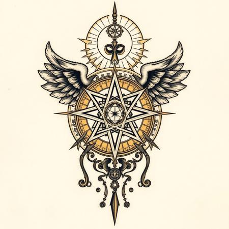tattoo design, intricate occult symbolism, esoteric, ancient an honorable 9rder of the golden dawn