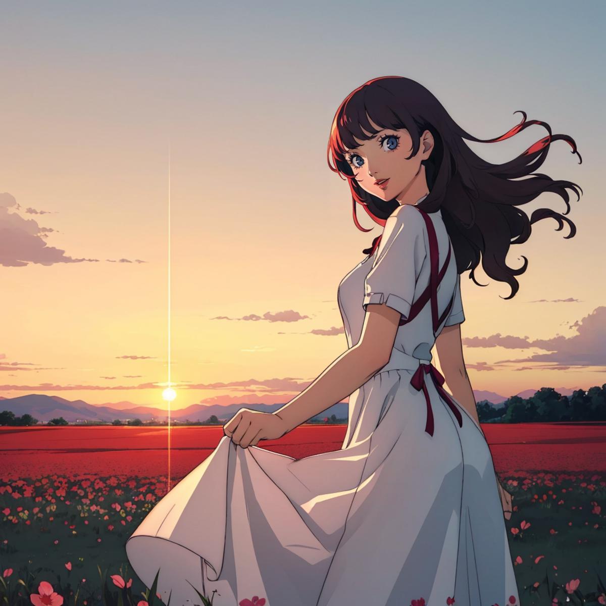 A beautiful anime girl with long black hair standing in a field during sunset.