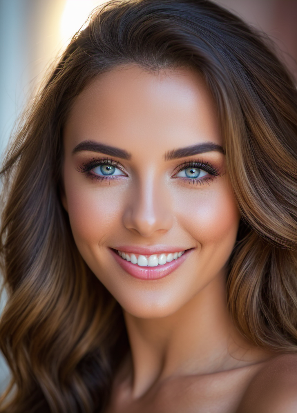 professional head shot, perfect eyes, highly detailed beautiful expressive eyes, detailed eyes, glamorous hair, perfection gorgeous smile, light makeup,  good atmosphere. large depth of field, deep depth of field, (8k, RAW photo, best quality, depth of field, ultra high res:1.2), intricate, photorealistic, masterpiece, ultra-detailed), crisp, vivid lighting