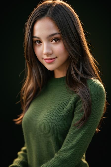 award-winning, professional headshot photo of beautiful ol1v1arodr1go beaming smile, skin pores, with sparkly (brown eyes), wearing a green sweater, looking at viewer, a woman as a movie star, (simple background:1.4), dark moody ambiance, (masterpiece:1.2) (photorealistic:1.2) (bokeh) (best quality) (detailed skin:1.2) (intricate details) (nighttime) (8k) (HDR) (cinematic lighting) (sharp focus), (looking at the camera:1.1), (closeup portrait:1.1), hyperrealistic photography, photographed on a Sony a9 II Mirrorless Camera, 50mm prime lens, F/1.4, (highly detailed), cinestill 800, 8mm film grain, dynamic angle,