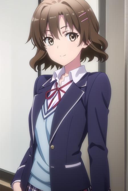 kaoriorimoto, <lora:kaori orimoto s2s3-lora-nochekaiser:1>, 
kaori orimoto, short hair, brown hair, hair ornament, (brown eyes:1.5), hairclip, smile,
BREAK skirt, ribbon, school uniform, jacket, black jacket, plaid, plaid skirt, blazer, sobu high school uniform,
BREAK indoors, classroom,
BREAK looking at viewer,
BREAK <lyco:GoodHands-beta2:1>, (masterpiece:1.2), best quality, high resolution, unity 8k wallpaper, (illustration:0.8), (beautiful detailed eyes:1.6), extremely detailed face, perfect lighting, extremely detailed CG, (perfect hands, perfect anatomy),