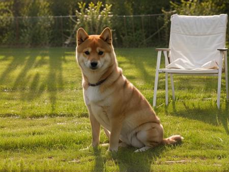 a shiba, Leisurely sitting on a chair basking in the sun,forest, haze, halation, bloom, dramatic atmosphere, centred, rule of thirds, 200mm 1.4f macro shot ,<lora:shiba_v2:0.5>