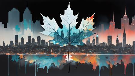 double exposure of a beautiful transparent maple leaf and nightly futuristic cityscape,by Dave White,Conrad Roset,Brandon Kidwell,Andreas Lie,Dan Mountford,Agnes Cecile,gouache,triadic colours,thick opaque strokes,deep depth of field,hyperdetailed,whimsimcal,amazing depth,dynamic,dreamy masterwork by head of prompt engineering,