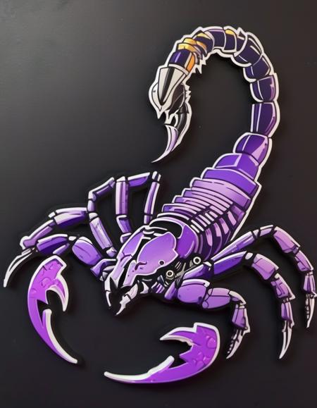 (Realistic:1.5) EdobScorpion, character name, tree, smile, mecha, full body, androgynous, breasts, rock, skeleton, marker (medium), purple background,  <lora:EdobScorpionArtistic_XL_v1.0:0.8>