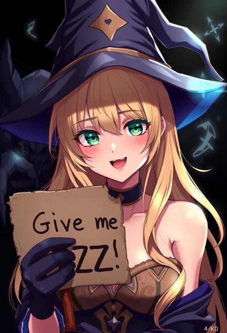 score_4,score_5,score_6,score_7_up,score_8_up,score_9 ((masterpiece,best quality,ultra detailed,highres,HD,4k:1.2)), 
1 girl,solo,face focus,
dark_magician_girl,blonde_hair,duel_monster,1girl,long_hair,green_eyes,bare_shoulders,wizard_hat,large_breasts,cleavage,hair_between_eyes, 
(("Give me Buzz.",Beggars Borad,Holding a sign, holding a sign that says, "Give me Buzz."))
open mouth,happy,cheerful,happy,blush, looking at viewer, smile,