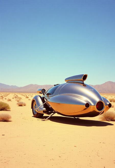 avant-garde, retro futurism , gold and chrome, daylight, california desert, 1970s, robert T, techno style