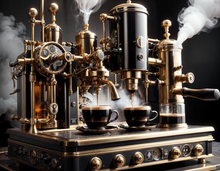 (steampunknoireai:1.3) {  epic coffee machine with complicated machinery }, black & brass  
(amazing, Ultra Realistic, trending on artstation, exaggerated, detailed   
 background:1.1)                               