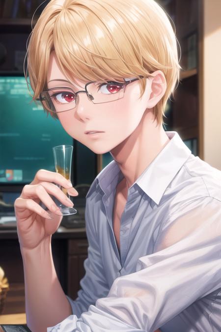 masterpiece, best quality, wallpaper, 1boy, solo, male focus, looking at viewer, , depth of field, <lora:eita_sasaki:0.68>, eita_sasaki, glasses, blonde hair, red eyes, linen shirt, , , HD-DVD