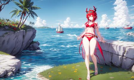 masterpiece,best quality,seaside,1girl,red eyes,red hair,(legs:1.3),
red bikini <lora:yuelu bikini:0.7>,red dragon horn,red belt,eyewear on head,see-through red shirt,tulle off -the shoulder top,<lora:more_details:0.4> <lora:epi_noiseoffset2:0.3> <lora:lihui4JXK-b2-bf16-128-128-1-re1-ep3-768-DA-5015fix:0.7>wave,red sandalwood,pearl lace,coconut tree,flower garden,sailboat and windmill on background,,