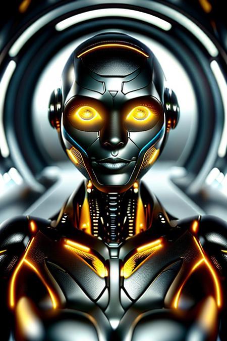 masterpiece, awesome quality, hyper detailed, ((DonMX3n0T3ch, futuristic, scifi, tech)), female robot,  <lora:DonMX3n0T3ch:1.5>