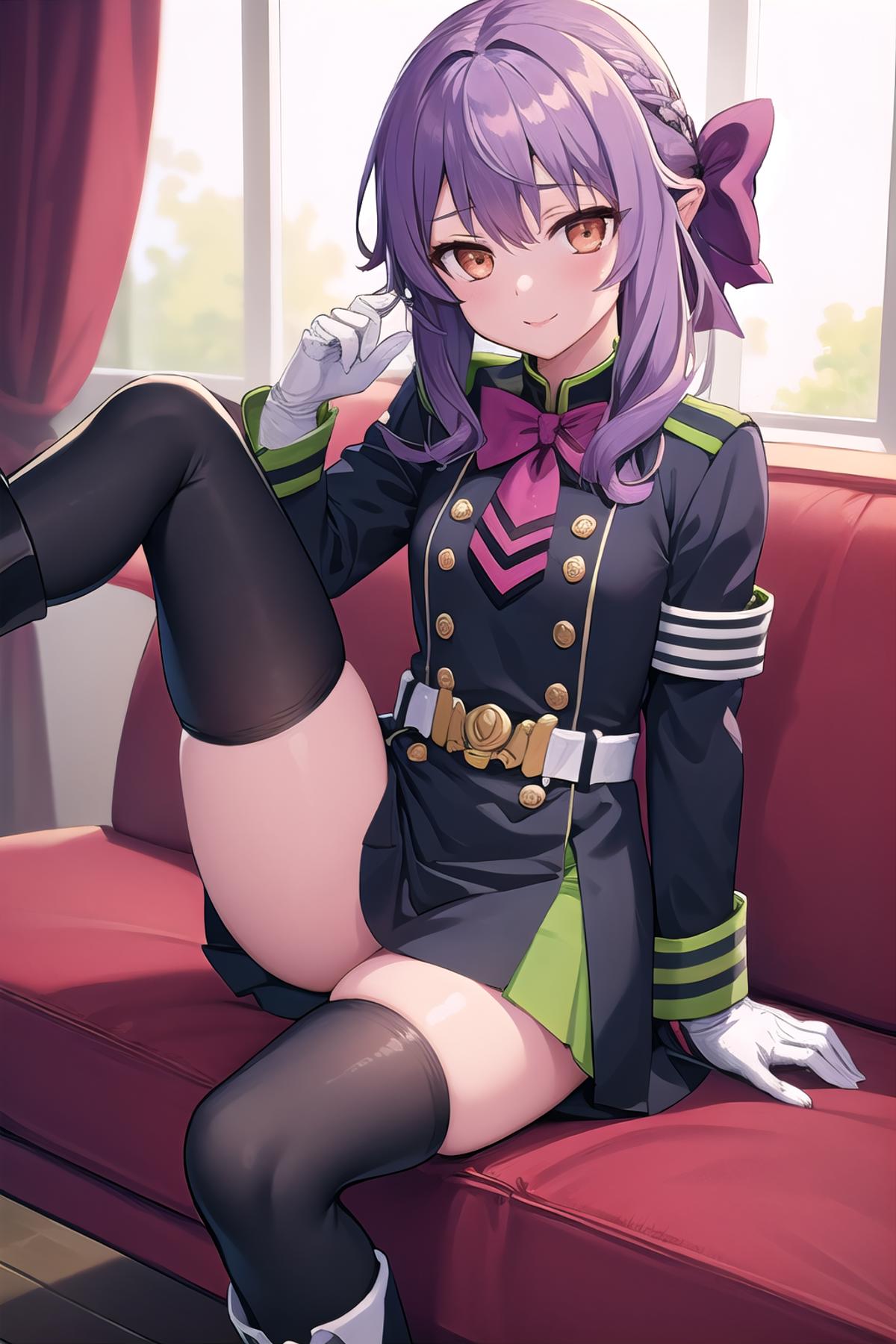 A cartoon character wearing a military uniform with a bow tie, sitting on a couch.