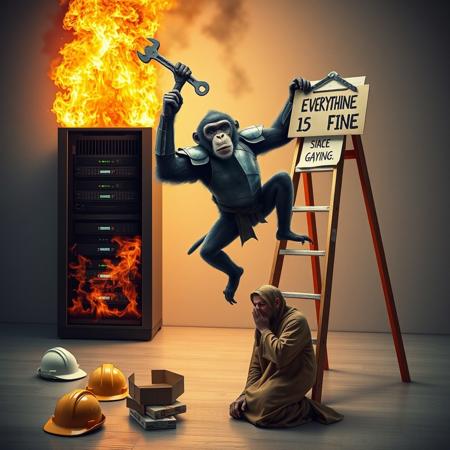 realistic, realism, surreal, monkey in armor holding a wrench, breakdancing on step ladder, in front of burning server machine, server is on fire. (a paper sign on ladder say "UNDER MAINTENANCE, EVERYTHING IS FINE"), there are hard hats and pizza boxes on the floor, a monk is kneeling in prayer on the floor.