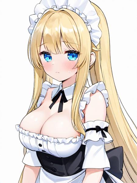 1girl, solo, long_hair, breasts, looking_at_viewer, bangs, blue_eyes, blonde_hair, large_breasts, simple_background, white_background, cleavage, bare_shoulders, closed_mouth, upper_body, frills, detached_sleeves, virtual_youtuber, from_side, maid, maid_headdress, makeup, eyeshadow