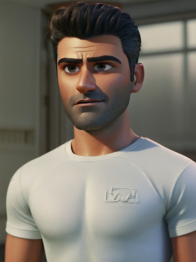 pixarstyle a waist-length portrait of a oscar isaac in a white t-shirt, smile, natural skin texture, 4k textures, hdr, int...