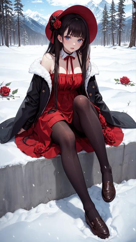 (black_pantyhose),tutututu,
masterpiece, best quality, winter, snow field, 1girl, bangs, blue eyes, blunt bangs, bonnet, brown footwear, brown hair, dress, frills, fruit, full body, hat, long hair, long sleeves, looking at viewer, purple dress, red flower, red rose, rose, shoes, sitting, solo, sky, sun, mountain, forest, lake,
<lora:tutuJG_00003:0.65>