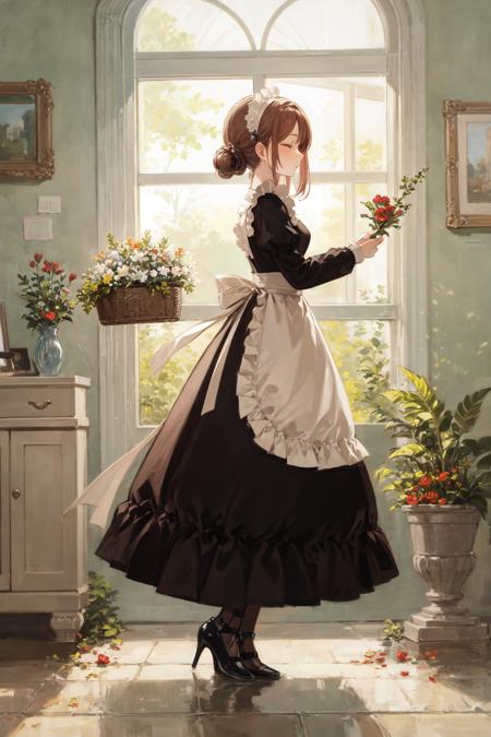 masterpiece, best quality, extremely detailed, detailed background, detailed face, 1girl, flower, rose, apron, solo, white flower, maid, red flower, holding, dress, brown hair, single hair bun, white apron, red rose, white rose, closed eyes, holding flower, maid apron, hair bun, long sleeves, black dress, basket, window, standing, high heels, plant, puffy sleeves, juliet sleeves, black footwear, full body, grass, hair ornament, from side, profile