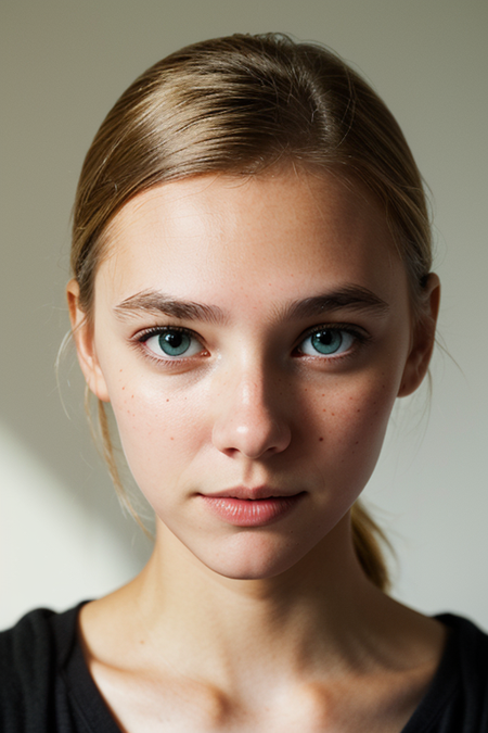 AndreaFrolikova, close-up portrait of head and shoulders, hair pulled back, ((photorealistic, lifelike skin texture, subtle imperfections, natural complexion, soft lighting, skin texture, natural beauty, serene, fine lines, pores, cinematic, high-end skincare ad, black background, extremely detailed, absurdres photograph))