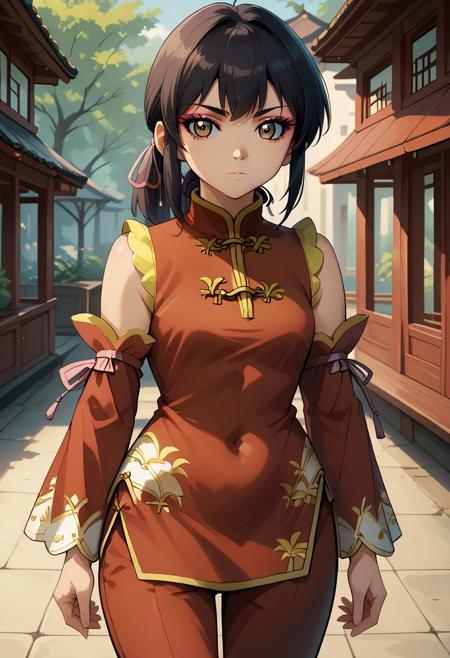 Bakugan,chan lee, black hair, eyeshadow, makeup, brown eyes, ponytail, bangs, chinese clothes, red dress, china dress, pants, pink ribbon, detached sleeves, cowboy shot,