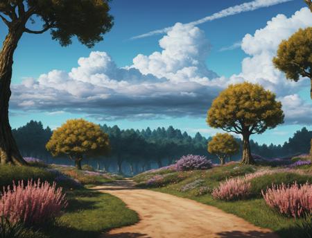 (Masterpiece, best quality:1.3), highly detailed, fantasy, hyperrealistic, <lora:FFIX-10:0.9>, best illustration, 8k, ffixbg, dynamic view, cinematic, ultra-detailed, full background, fantasy, illustration, blue sky, forest, tree, path, grass, scenery, ((no humans)), beautiful, (shiny), UHDR, various colors, (details:1.2), bloom:0.4, extremely detailed, shimmer:0.5, colorful, ethereal, dreamy, vanishing line:0.4,  amazing composition, (cloud)