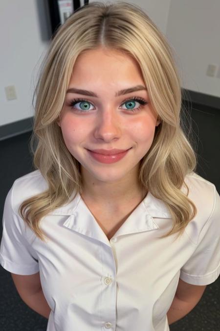 (face like emmatopdown),  body like goose_fit_girl,
blonde hair, athletic body,  eyecandy, desirable, 
(tiny breasts), beautiful green eyes, fit body,
 realistic,  
(wearing large buttonup shirt ),
nervous, tiny smile, 
 (facial), mouth closed