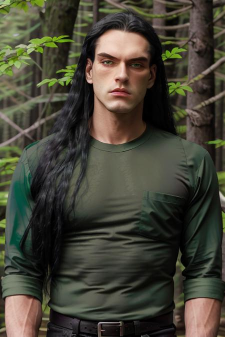 a man long black hair, green shirt, raw, 8k, uhd, upper body, (dark forest in background), <lora:peterSteele:1>