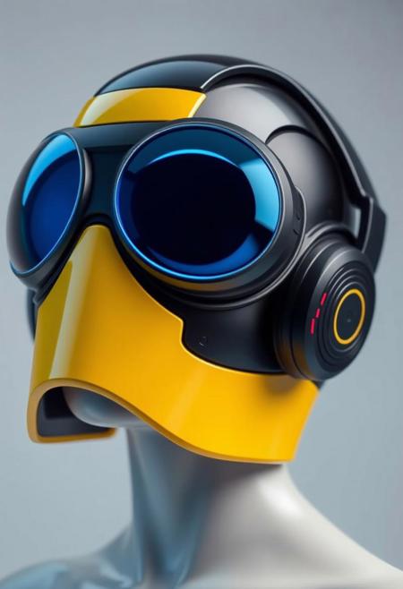 The figure's head is encased in a streamlined helmet, predominantly yellow with black accents. The helmet appears highly polished, with a smooth, almost glossy finish. Integrated into the helmet are large, circular, reflective lenses that cover the eyes entirely. The lenses glow with blue hue, giving off a cool, futuristic aura. These oversized goggles suggest an augmented reality or heads-up display function, typical of high-tech environments. Around the figure’s ears are sleek, futuristic headphones, which are seamlessly built into the helmet design. These headphones are primarily black with red, horizontal stripes along the side, indicating an interface for communication or audio enhancements. The skin tone appears smooth and artificial, hinting at synthetic or modified human characteristics