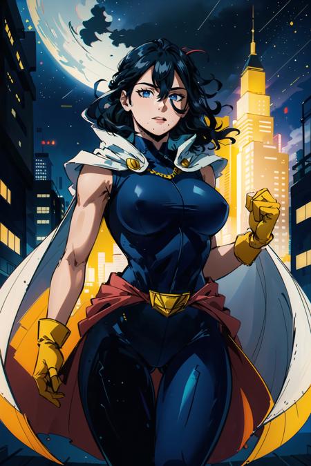 (masterpiece, best quality:1.4), cinematic light, colorful, high contrast, (1girl), NanaShimura, boku no hero academia,  <lora:NanaShimuraMHA-v1-1:1>, black hair, mole under mouth, large breasts, (blue eyes), hair between eyes, sleeveless, bodysuit, white cape, yellow gloves, in the city, night, stars