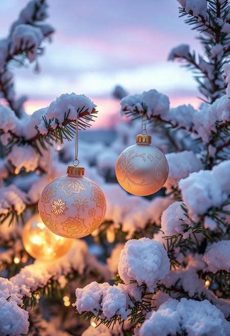 Rime Ice A serene, winter evening scene featuring a beautifully decorated evergreen tree heavy with fresh white snow. Several ornate Christmas ornaments adorn the branches, including large, glossy spheres in soft pastel shades of gold and white, delicately patterned with frost-like designs. The ornaments emit a warm, inviting glow, contrasting against the cool, deep greens of the pine needles and the snowy white backdrop. The soft lighting from the ornaments reflects off the snow, creating a magical ambiance. The background reveals a subtle sunset, with pastel hues of purple and orange blending seamlessly into the night sky, enhancing the cozy, festive atmosphere. Hyperrealistic style with high detail, focusing on texture and light interplay.