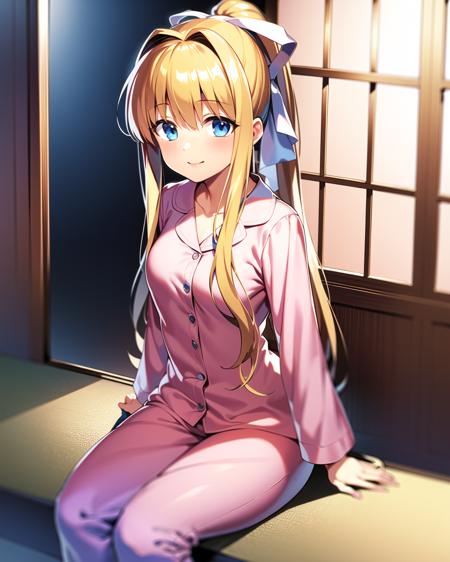 ((masterpiece)), ((best quality)), ((highres)), ((detailed background)), ((extremely detailed CG unity 8k wallpaper)), solo, <lora:kamio misuzu-000006:1>, kamio misuzu, tatami mat, sliding glass door, sitting, pink pajamas, long sleeves, pink pajama pants, smile, long ponytail, long hair, long side hair, blue eyes, medium breasts