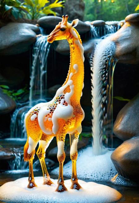 macro photo, a beautiful translucent glass giraffe that glows within, glowing lights, beautiful waterfall , made out of multicolored transparent delicate glass, magical sparkles,vibrant whimsical colors <lora:ral-beer:1> made of ral-beer