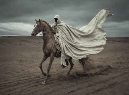 pale_horseman,(long white cape in the wind:1.6),(tattered_garments:1.5),(skeletal_rider:1.5),(wind:1.2),(bones:1.2),apocalypse,death,desolate_landscape,dark_sky,ominous,pale_green_horse,decay,tattered_cloak,hidden_face,mystery,fear,skeletal_hand,rusted_scythe,cracked_ground,barren,lifeless,foreboding,
<lora:add_detail:0.8>,