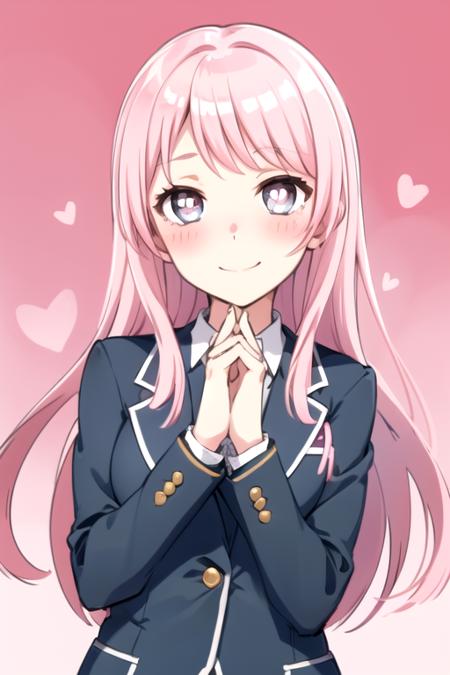 <lora:ChihayaAnon-07:0.7> , anonmygo, 1girl, solo, long hair, blush, smile, school uniform, jacket, upper body, pink hair, heart, grey eyes, symbol-shaped pupils, heart-shaped pupils, pink background, own hands together, own hands clasped, heart background