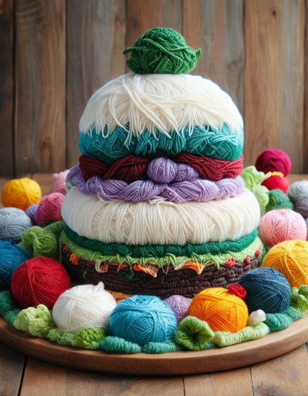 A giant yarn hamburger made of yarn, with detailed stitching for the lettuce, cheese, and patty, sitting on a yarn plate yrnwrld <lora:Yarnworld:1>
