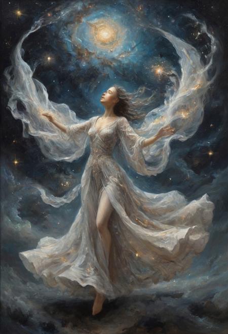 oil painting of a mesmerizingly surreal scene, ethereal dancers at the end of time gracefully move amid swirling galaxies, their flowing robes trailing stardust in their wake. Each dancer exudes a timeless elegance, with ageless faces reflecting the vast wisdom of eons. This evocative painting showcases the juxtaposition of beauty and finality, inviting viewers to ponder the impermanence of existence in the vast expanse of the universe.