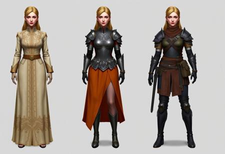 The image represents three variants of women's clothing, presumably uniforms or costumes for a fantasy setting.
On the left: A formal uniform - a long cream-colored dress with gold embroidery and decorative elements.
In the center: An elite uniform - a combination of armor (cuirass, bracers) with an orange skirt that opens one leg.
On the right: The armor of an Elite warrior is a combination of a vest, shirt, trousers and high boots, complemented by belts, a bag and gloves.
All three clothing options are shown on the same female figure with the same hairstyle. There is no interaction between objects, no actions take place. Context is the presentation of various costume options, perhaps for a game, movie, or book.