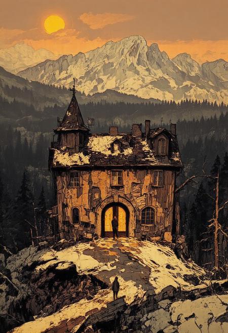 Un vieux manoir du XVIème siècle devant les Pyrénées et surplombant une immense forêt sombre et lugubre. Il fait froid, il y a de la neige. Le soleil va bientôt se coucher. Atmosphère fantastique et magique. Le manoir possède une porte cochère et deux petite tours d'angle. Il est vieux et un peu abîmé par-ci par là. On vois un homme au loin à côté d'une calèche du XIXème siècle. La forêt cache peut être un monstre ?