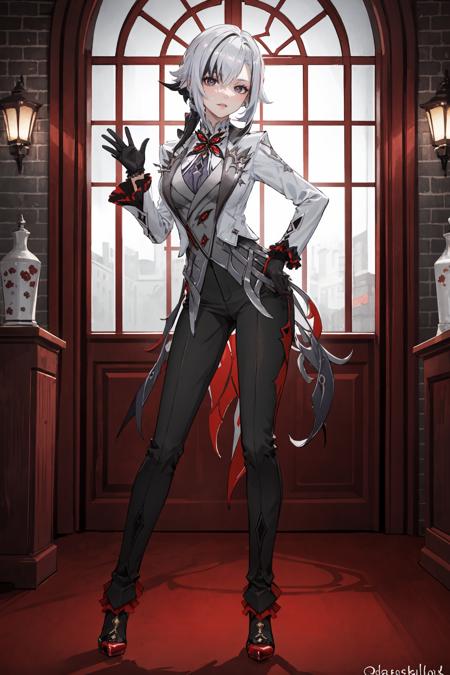 1girl, arlecchino \(genshin impact\), black gloves, grey tailcoat, black pants, grey vest, grey shirt, high heels, looking at viewer, evil grin, tongue out, standing, hand to own mouth, full body, theater, indoors, depth of field