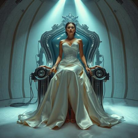 A slender, arrogant  rich norvegian bride, dressed in a luxurious, rich fantasy satin wedding gown with a fitted, boned corset and a full, flared skirt, paired with satin high heels, orgasm face, encased in beam of light from celling. The brainwashing temple electrode,  connected to a  futuristic superconputer rack. Her hands and ankles are bound to a polished steel throne by massive steel restraints, accentuating her ultra-thin waist.  weird fog from the floor. The scene is set in a sterile, empty chamber, with a glossy mother-of-pearl finish, evoking a sense of futuristic dread. Inspired by the cinematic styles of Ridley Scott, Guillermo del Toro, and H.R. Giger, with a blend of sci-fi and horror elements, this full-body portrait is a masterpiece of cinematic storytelling, shot on a virtual v-raptor XL camera, with a warm, film-grained aesthetic, subtle vignette, and rich color grading, reminiscent of 35mm film, with dramatic, atmospheric lighting, inviting the viewer to immerse themselves in this epic, stunning scene.