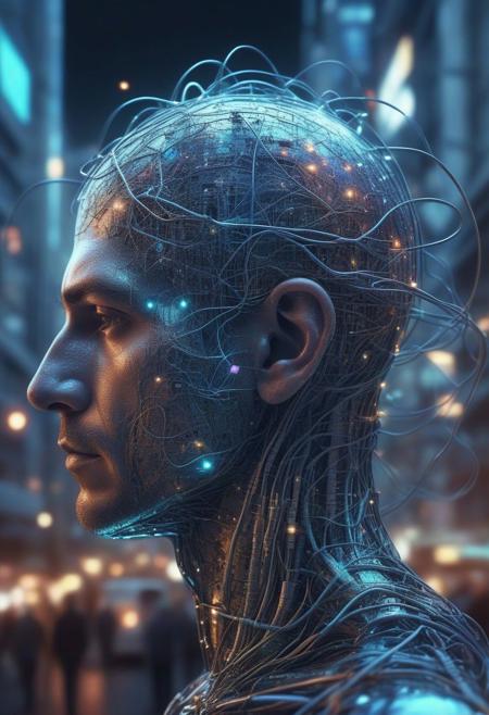 a man's head with many neurons with current in the form of wires connected to the city of the future. matrix style. .hd. 8 k. hyperrealistic. space. abandoned city. Highly detailed illustration of a hidden world inside planet earth, atmosphere, futuristic city and spaceship in the background, holographic shimmer, whimsical lighting, futuristic ambiance, soft textures, imaginative artwork, ethereal glow, silent Luminescence, whispering Silent, iridescent Encounter, vibrant background, rule of thirds, high quality, high detail, high resolution, bokeh, backlight, long exposure