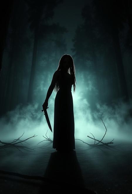 A dark and terrifying scene inspired by classic horror films. Picture a secluded, fog-covered lake in the woods at night, with towering trees casting long shadows. In the center of the scene stands a menacing feminine figure with dreadlocks, holding a Rambo knife in one hand, surrounded by eerie, flickering lights. The figure’s silhouette is partially obscured by mist, creating a sense of dread and anticipation. Broken branches and ominous shapes are scattered across the ground, hinting at a recent struggle. The atmosphere is heavy with tension, fear, and the looming threat of violence, evoking the unsettling mood of iconic slasher films.