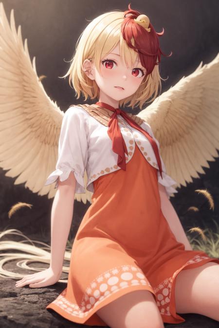 masterpiece, best quality,  <lora:KutakaNiwatari:1>,niwatari kutaka,1girl,blonde hair, red hair,short hair,multicolored hair, bird on head,red eyes,wings,red ribbon,short sleeves,white shirt, orange dress,bird tail,grey background,