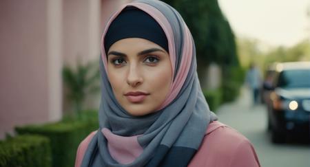 cinematic film still of  Cinematic Film stock footage in (arri alexa style) Kodak film print,  <lora:Hijab:1> a woman in a gray dress and a pink scarf Hijab style, shallow depth of field, vignette, highly detailed, high budget, bokeh, cinemascope, moody, epic, gorgeous, film grain, grainy