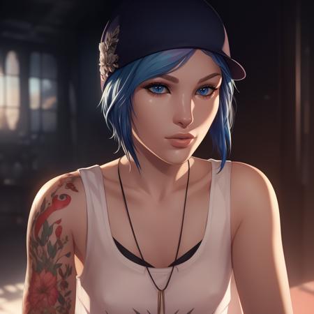 Chloe Price blue hair, blue eyes, arm tattoo, short hair, jewelry, necklace, pendant, nail polish, blue nails