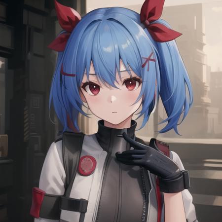 (masterpiece, best quality:1.2),illustration,8k,hd,1girl,solo,upper body,(portrait:1.2),gloves,red eyes,blue hair,twintails,hair ornament,hair ribbon,shorts,bangs,shoes,red ribbon,<lora:Colphne(gf2):0.8>,