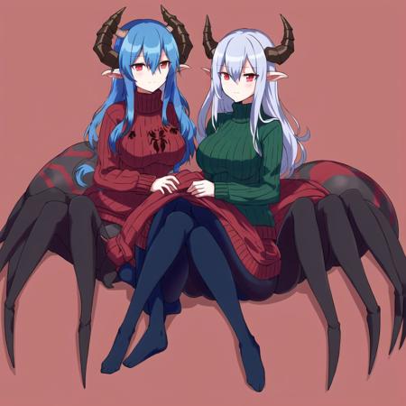 <lora:arachne-1_arachne-2--retro_ham_avas_jun_rifl--09-01:1.1>, 

(arachne:1.2),

 full body, 

2girls, bangs, black shirt, blue hair, breast press, dragon horns,green hair, hair between eyes, horns, lap pillow, long hair, mishima coco, multiple girls, oni horns, pantyhose, red eyes, ribbed sweater, shaded face, shirt, single horn, sweater, turtleneck