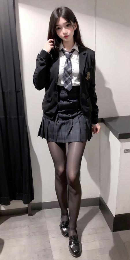 <lora:cute_girl_xl_v1:0.6>, <lora:pantyhose_xl_v1:0.6>,
(((high fade))), ((black_pantyhose:1.3)),
1girl, solo, skirt, phone, plaid skirt, jacket, necktie, plaid, black footwear, standing, long hair, blackhair, striped necktie, school uniform, shoes, striped, shirt, indoors, full body, open jacket, realistic, high res, black_pantyhose