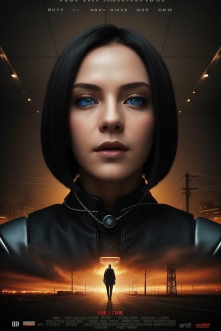 movieposter, Close-up portrait of a beautiful, female android with flawless, synthetic skin and piercing blue eyes. Short, silver hair styled in a sleek bob. Her expression is calm and thoughtful. Industrial background with wires and exposed circuits hinting at her robotic nature. Hyperrealistic style, detailed metallic textures, inspired by Syd Mead.  reality and the uncanny, where clouds merge with dreams and colors paint a film grain, closeup, medium shoot, mesmerizing  scene., cinematic Impressionism, masterpiece layout design, cinematic cloud of red smoke font design, movie poster design , 100 shade of Darkness Horror Movie