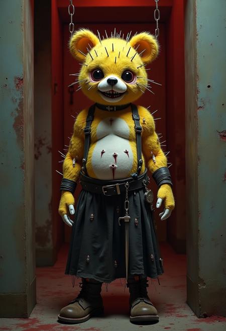 photo realistic, true to life, high quality, clear defined lines, horror theme, cenobear, (((carebear:1.9))), funshine bear, pinhead, hundreds of nails in head, vertical face scars, horizontal face scars, wearing leather long skirt, gear, chest straps, long gloves. thigh high boots. skinning knives hanging from belt, scarified skin, barbwire wrapped around arms, stitched together mouth, multiple body piercings, (((tummy symbol, lament configuration, the box:1.2))), yellow fur. Standing in a doorway in hell, chains with hooks on the end dangle from the ceiling. Saying: "You opened the box we came!" horror font word bubble